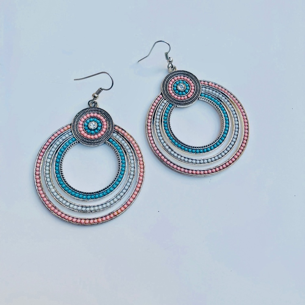 Big Dangle Hoop Vintage Y2K Pink, White, Blue Silver Plated Earrings Rhinestone